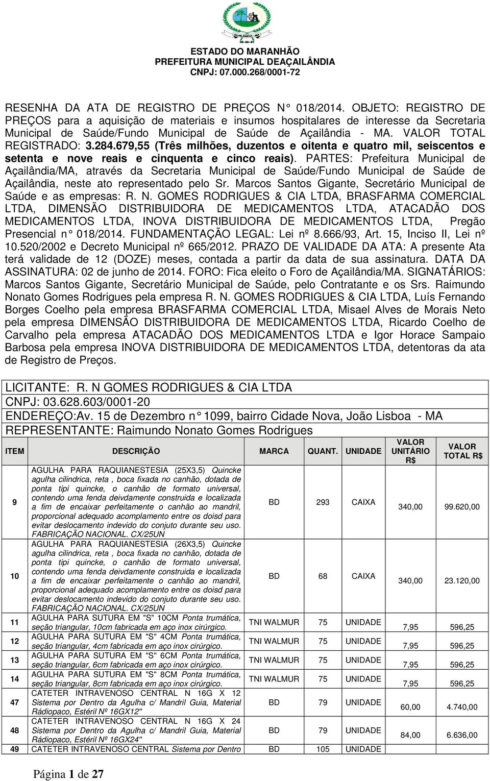 284.679,55 (Três milhões, duzentos e oitenta e quatro mil, seiscentos e setenta e nove reais e cinquenta e cinco reais).