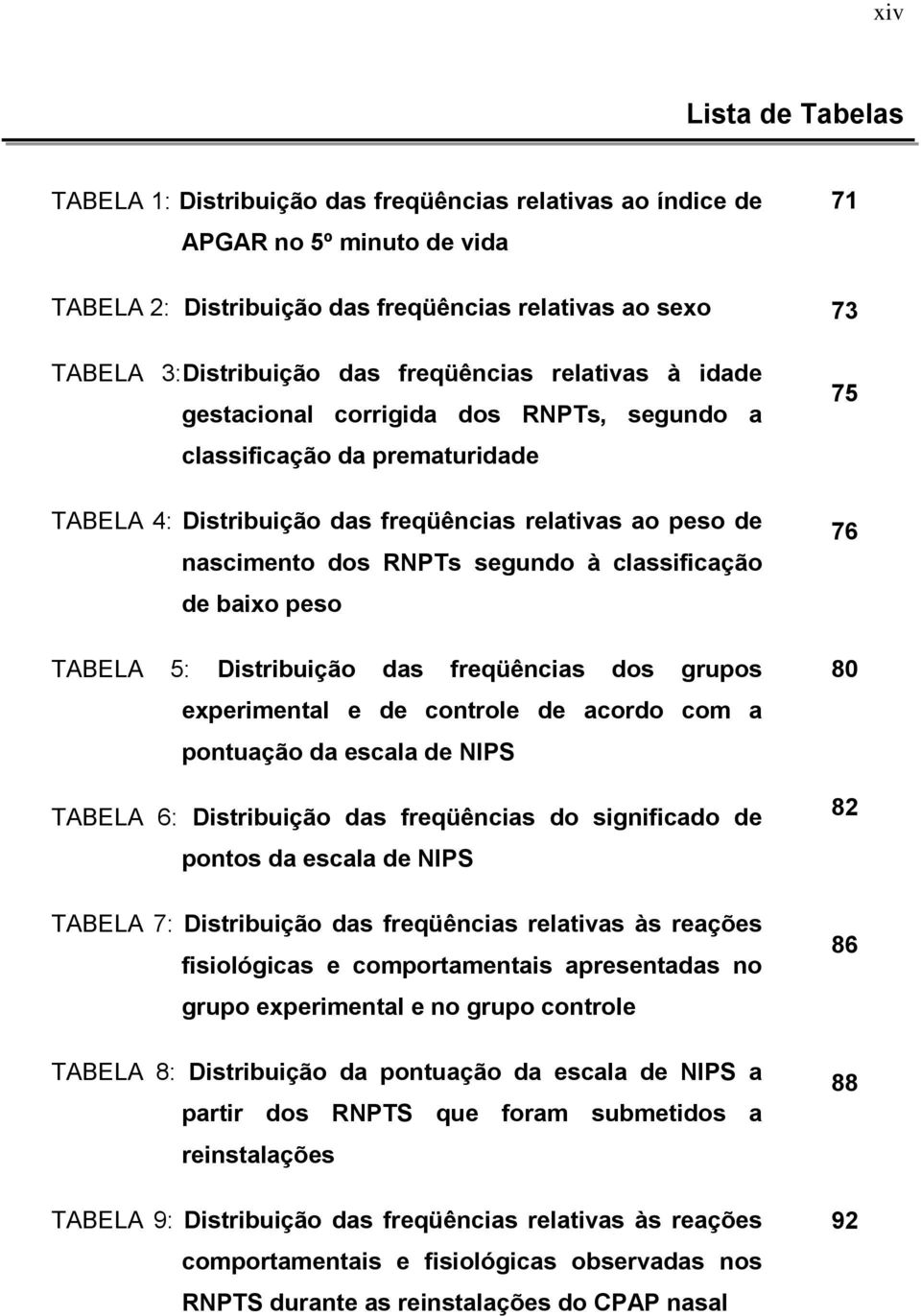 classificação de baixo peso TABELA 5: Distribuição das freqüências dos grupos experimental e de controle de acordo com a pontuação da escala de NIPS TABELA 6: Distribuição das freqüências do