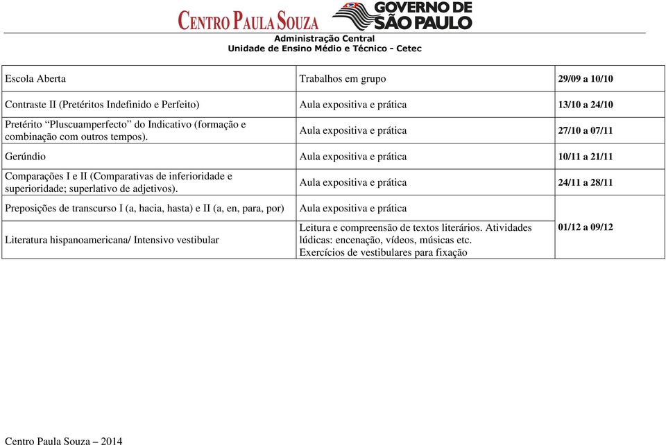 Aula expositiva e prática 27/10 a 07/11 Gerúndio Aula expositiva e prática 10/11 a 21/11 Comparações I e II (Comparativas de inferioridade e superioridade; superlativo de adjetivos).