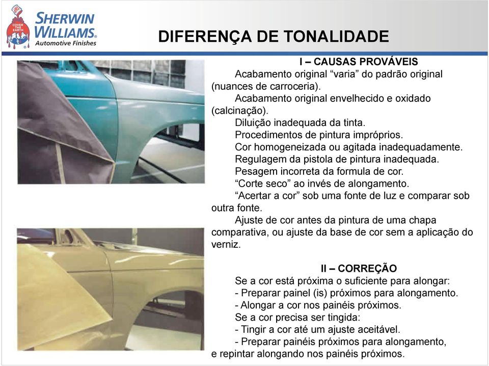 Acertar a cor sob uma fonte de luz e comparar sob outra fonte. Ajuste de cor antes da pintura de uma chapa comparativa, ou ajuste da base de cor sem a aplicação do verniz.