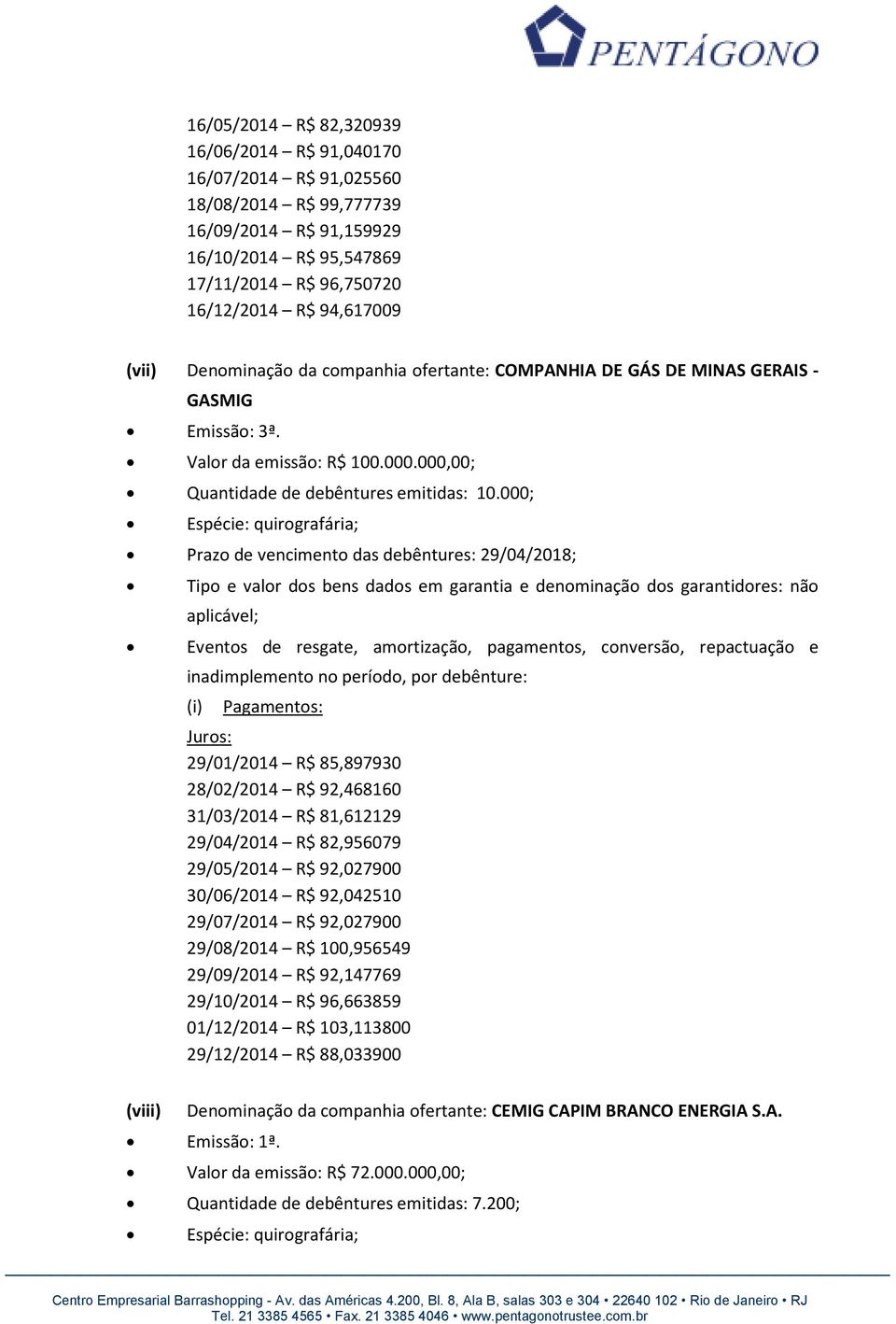 000; Espécie: quirografária; Prazo de vencimento das debêntures: 29/04/2018; Tipo e valor dos bens dados em garantia e denominação dos garantidores: não aplicável; Eventos de resgate, amortização,