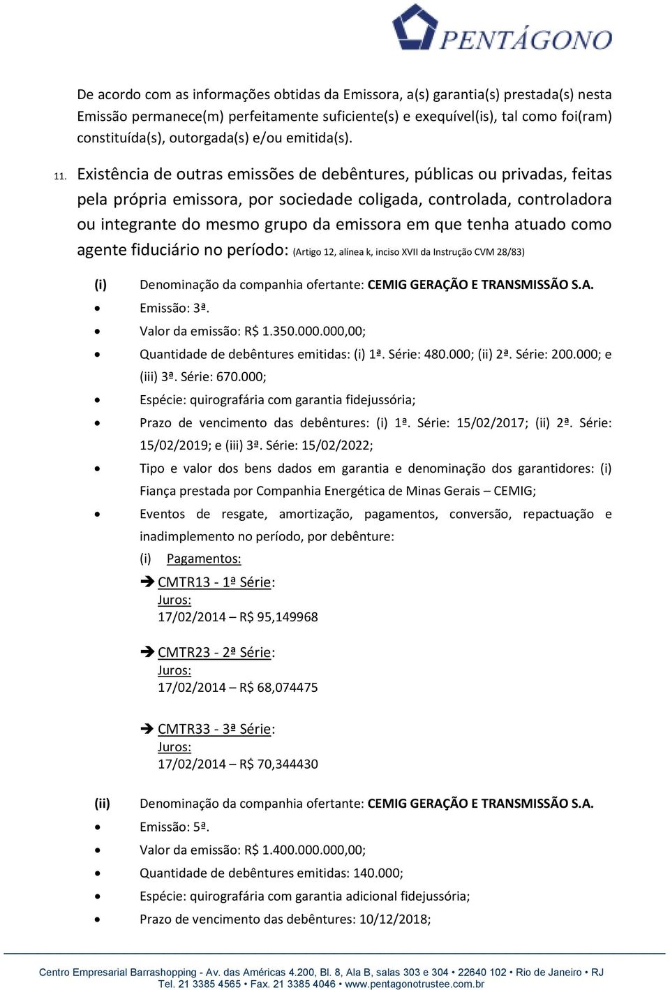 Existência de outras emissões de debêntures, públicas ou privadas, feitas pela própria emissora, por sociedade coligada, controlada, controladora ou integrante do mesmo grupo da emissora em que tenha