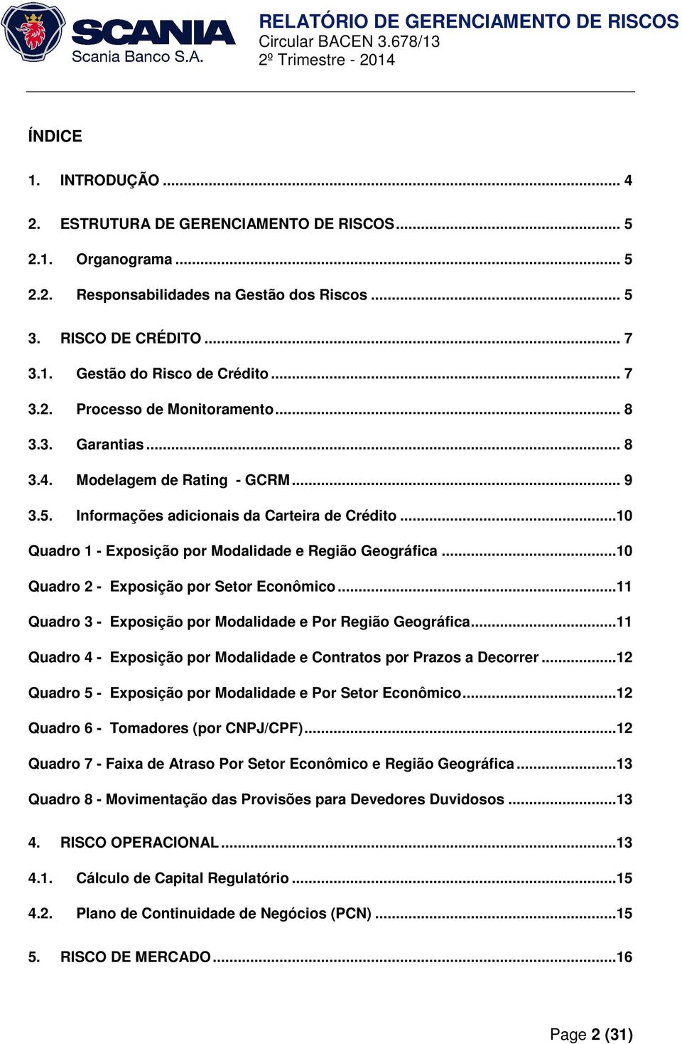 ..10 Quadro 1 - Exposição por Modalidade e Região Geográfica...10 Quadro 2 - Exposição por Setor Econômico...11 Quadro 3 - Exposição por Modalidade e Por Região Geográfica.