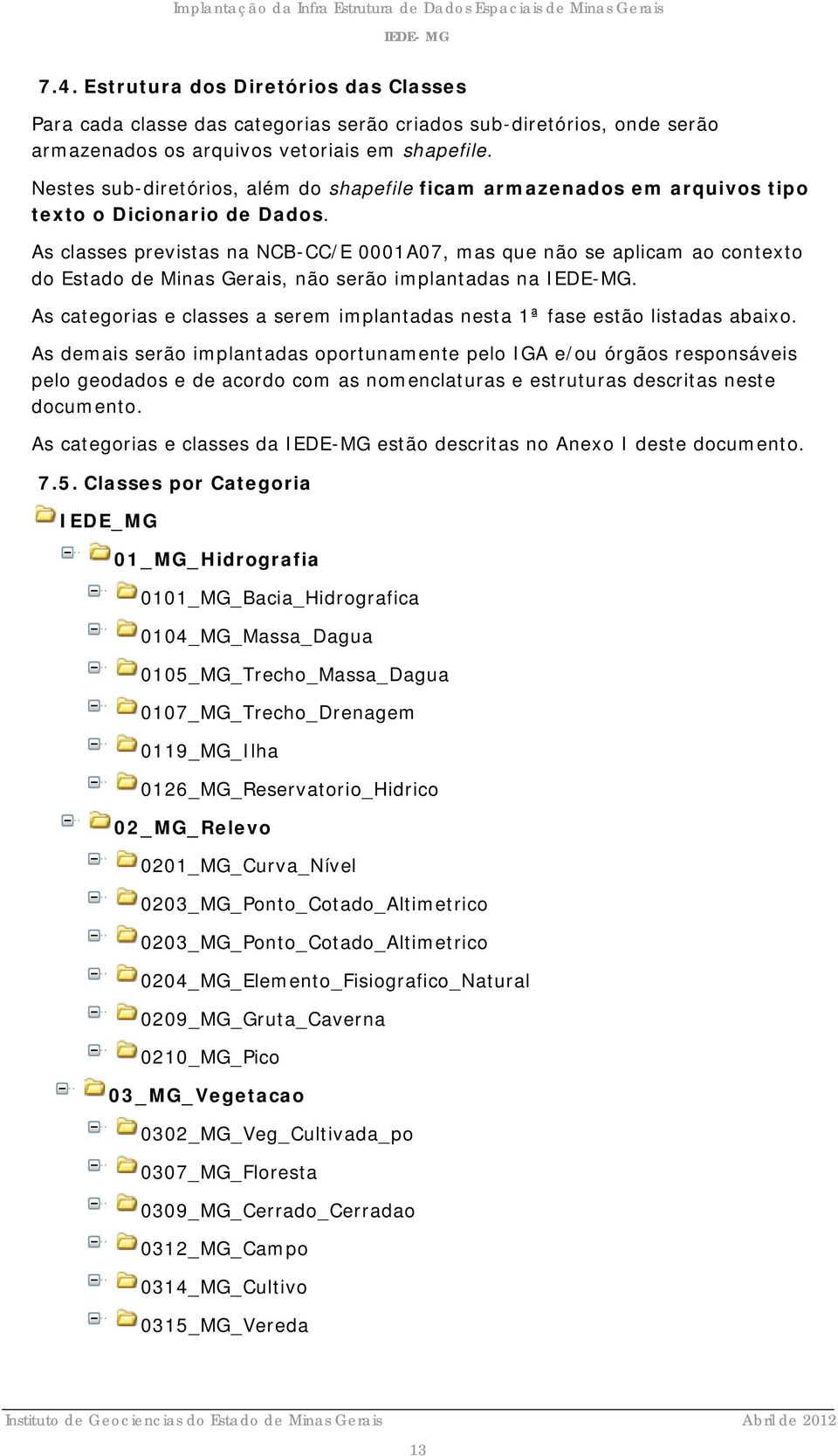 As classes previstas na NCB-CC/E 0001A07, mas que não se aplicam ao contexto do Estado de Minas Gerais, não serão implantadas na IEDE-MG.