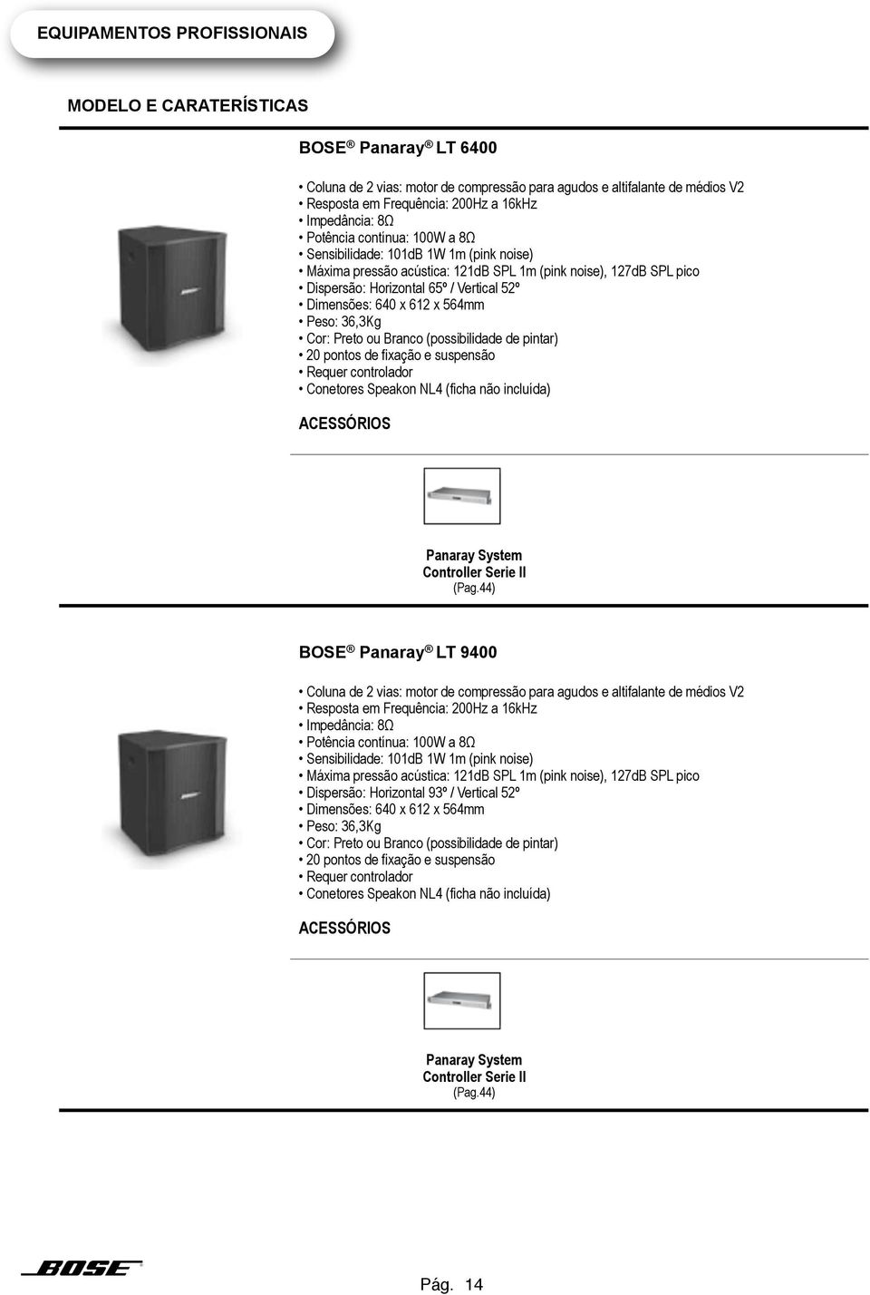 20 pontos de fixação e suspensão Requer controlador Panaray System Controller Serie II (Pag.