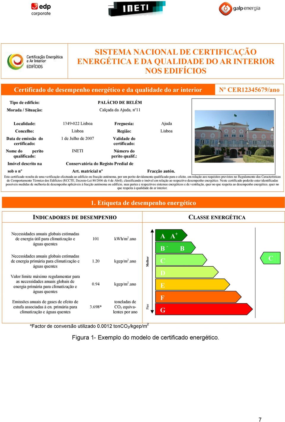 descrito na 1 de Julho de 2007 Validade do certificado: INETI Número do perito qualif.: Conservatória do Registo Predial de sob o nº Art. matricial nº Fracção autón.