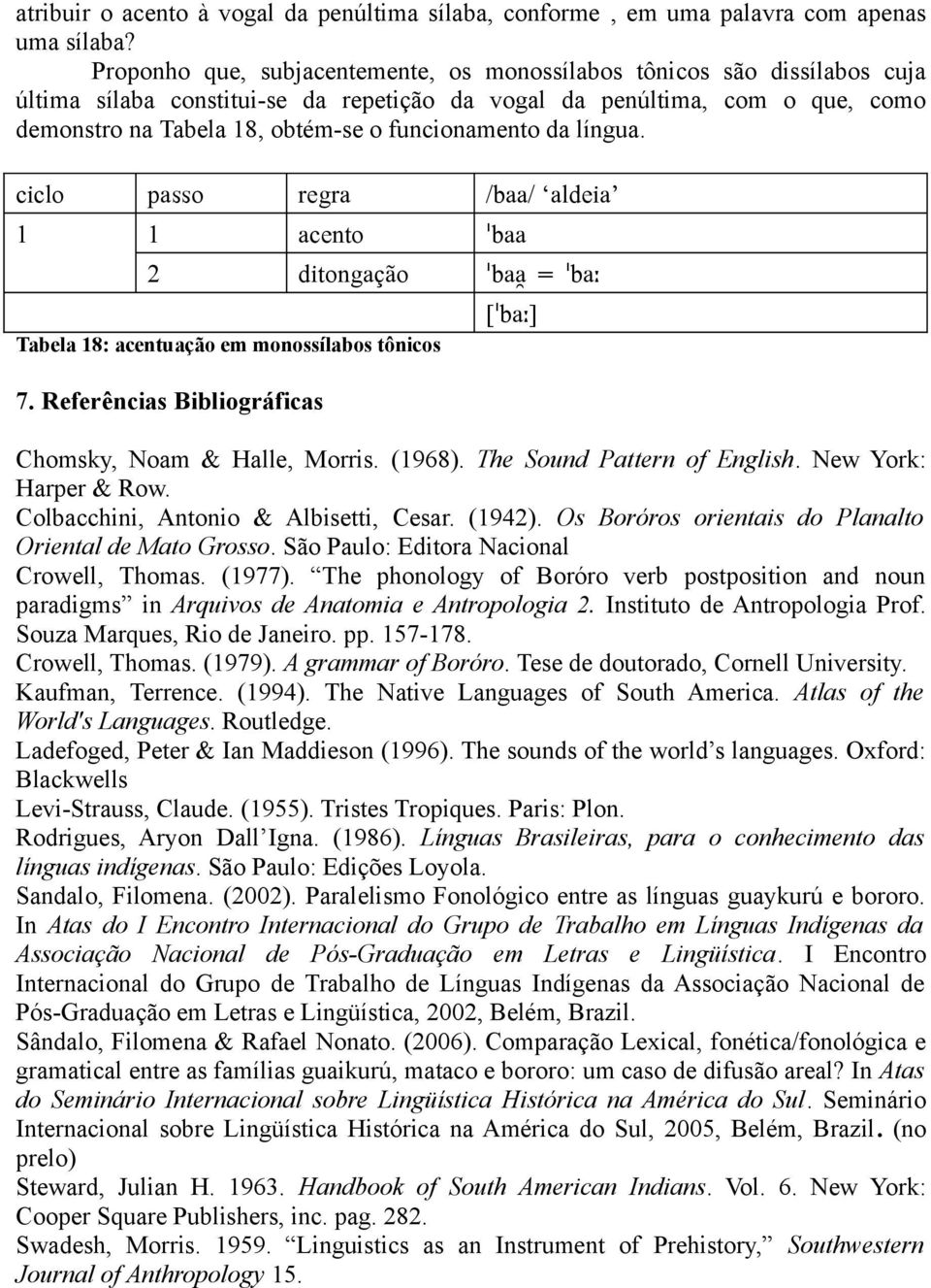 funcionamento da língua. ciclo passo regra /baa/ aldeia 1 1 acento ˈbaa 2 ditongação ˈbaa = ˈbaː Tabela 18: acentuação em monossílabos tônicos 7.