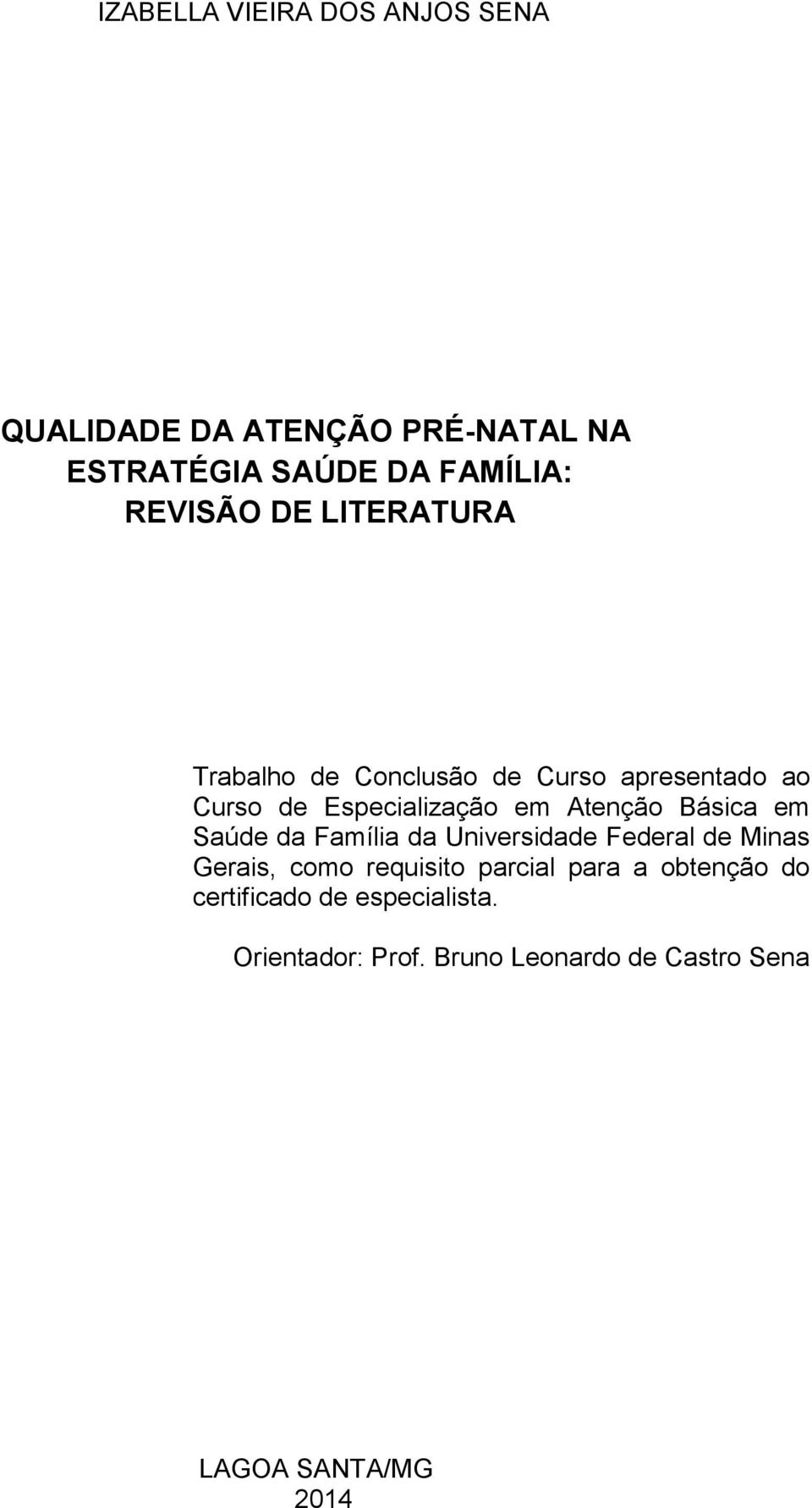 Atenção Básica em Saúde da Família da Universidade Federal de Minas Gerais, como requisito parcial