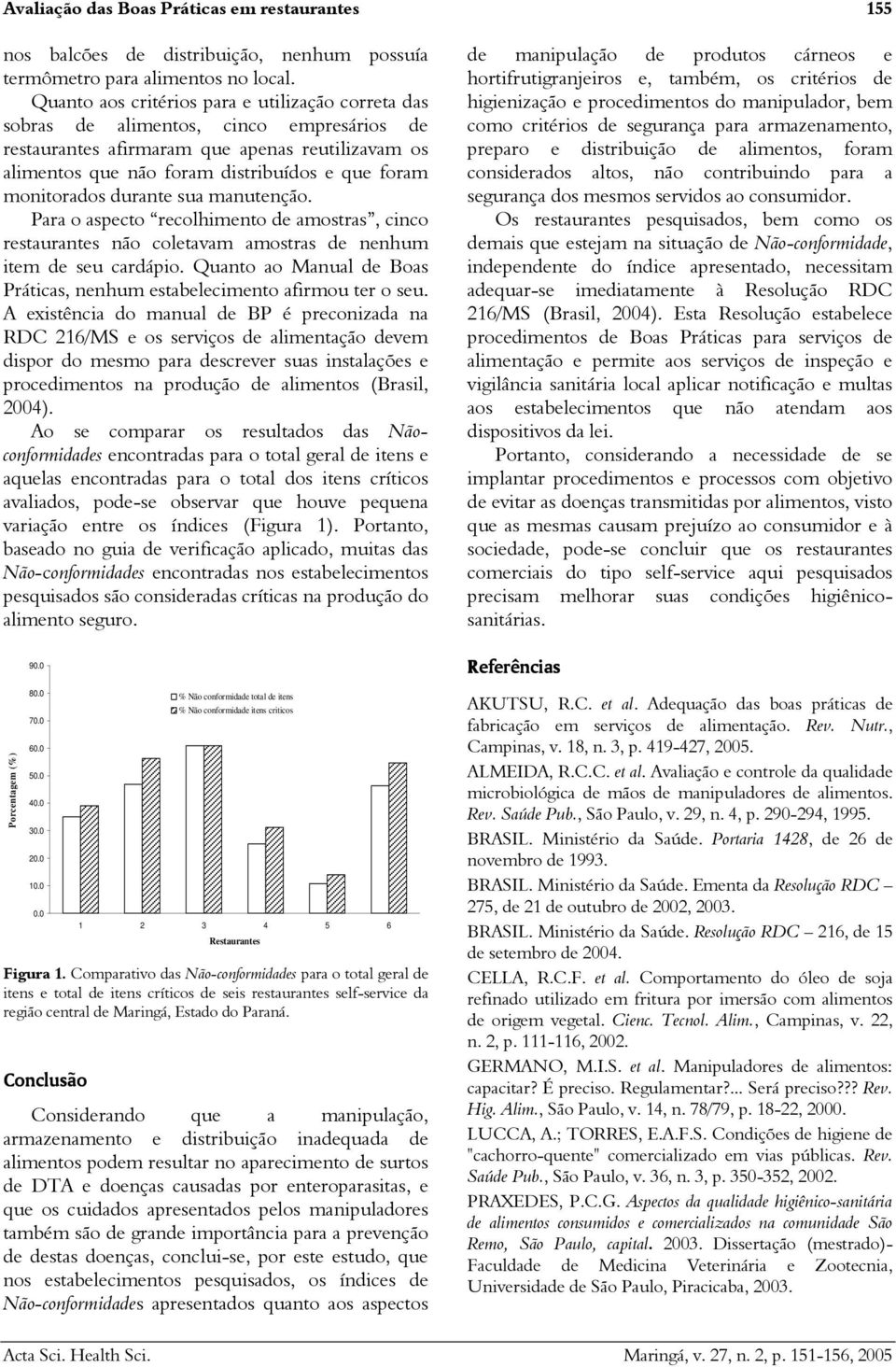 monitorados durante sua manutenção. Para o aspecto recolhimento de amostras, cinco restaurantes não coletavam amostras de nenhum item de seu cardápio.