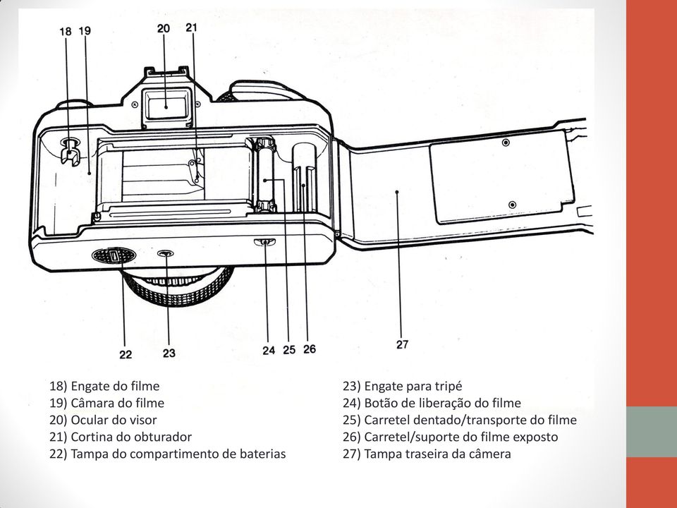 tripé 24) Botão de liberação do filme 25) Carretel dentado/transporte