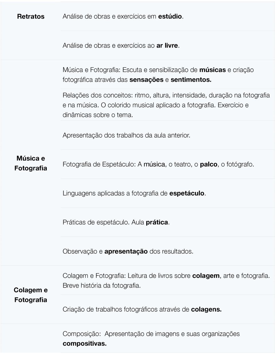 Relações dos conceitos: ritmo, altura, intensidade, duração na fotografia e na música. O colorido musical aplicado a fotografia. Exercício e dinâmicas sobre o tema.