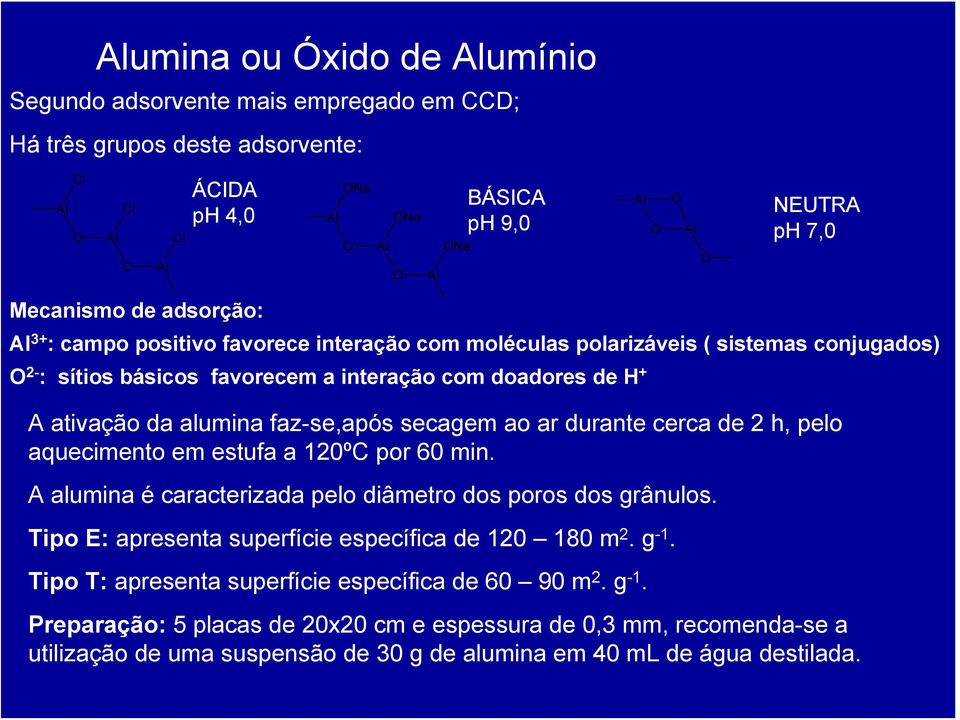 com doadores de H + A ativação da alumina faz-se,após secagem ao ar durante cerca de 2 h, pelo aquecimento em estufa a 120ºC por 60 min. A alumina é caracterizada pelo diâmetro dos poros dos grânulos.