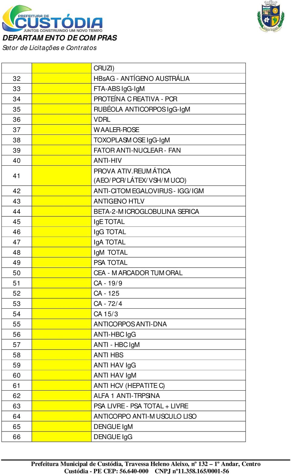 REUMÁTICA (AEO/PCR/LÁTEX/VSH/MUCO) 42 ANTI-CITOMEGALOVIRUS - IGG/IGM 43 ANTIGENO HTLV 44 BETA-2-MICROGLOBULINA SERICA 45 IgE TOTAL 46 IgG TOTAL 47 IgA TOTAL 48 IgM TOTAL 49 PSA