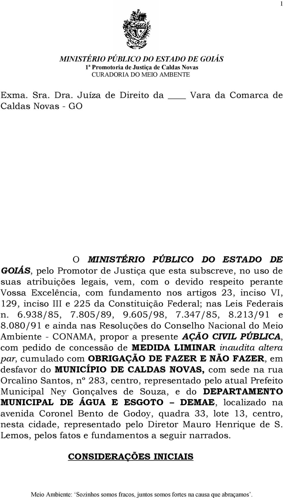 respeito perante Vossa Excelência, com fundamento nos artigos 23, inciso VI, 129, inciso III e 225 da Constituição Federal; nas Leis Federais n. 6.938/85, 7.805/89, 9.605/98, 7.347/85, 8.213/91 e 8.