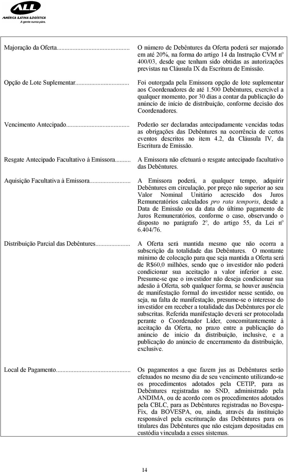 Escritura de Emissão. Foi outorgada pela Emissora opção de lote suplementar aos Coordenadores de até 1.