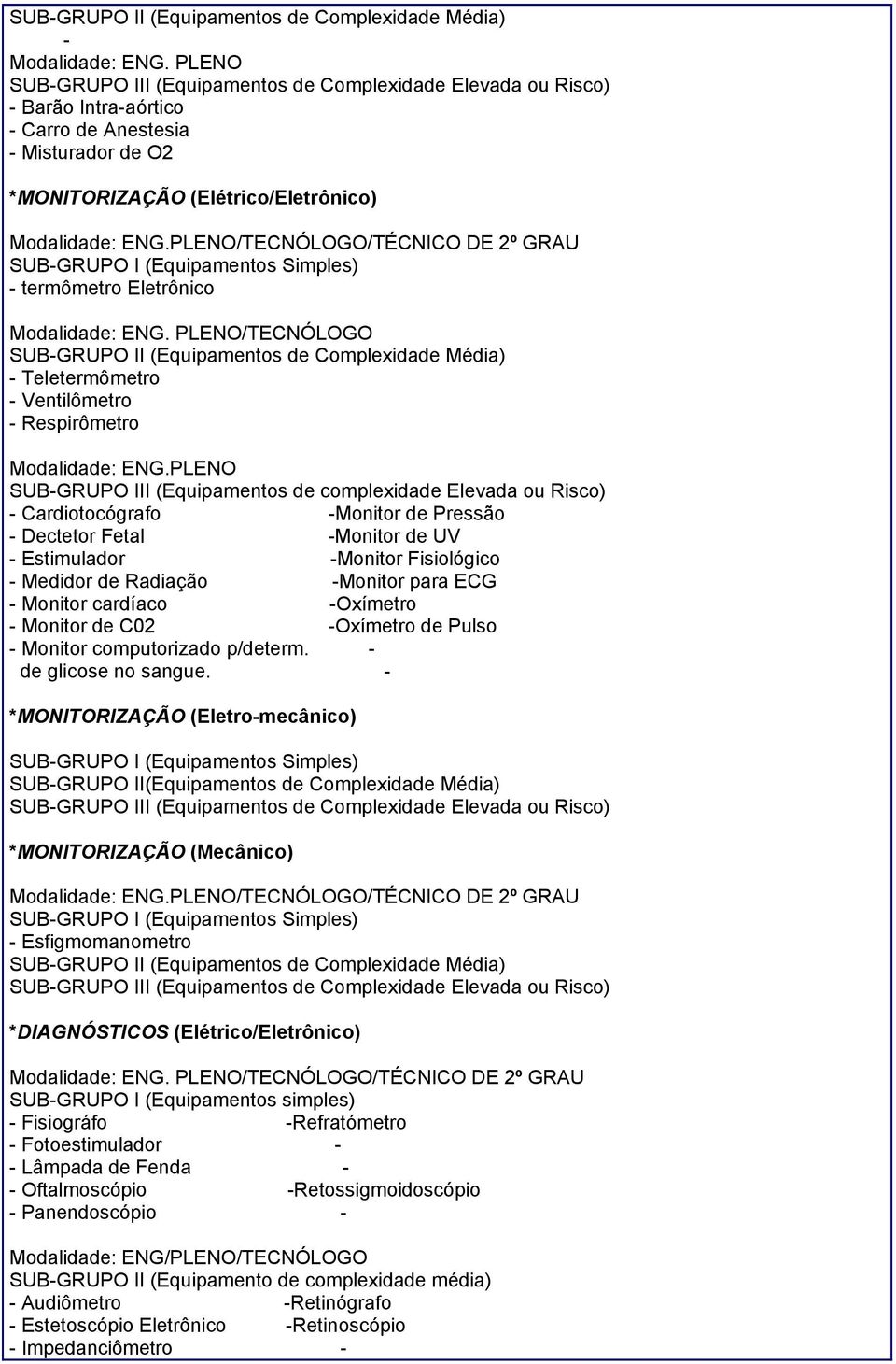 PLENO SUB-GRUPO III (Equipamentos de complexidade Elevada ou Risco) - Cardiotocógrafo -Monitor de Pressão - Dectetor Fetal -Monitor de UV - Estimulador -Monitor Fisiológico - Medidor de Radiação