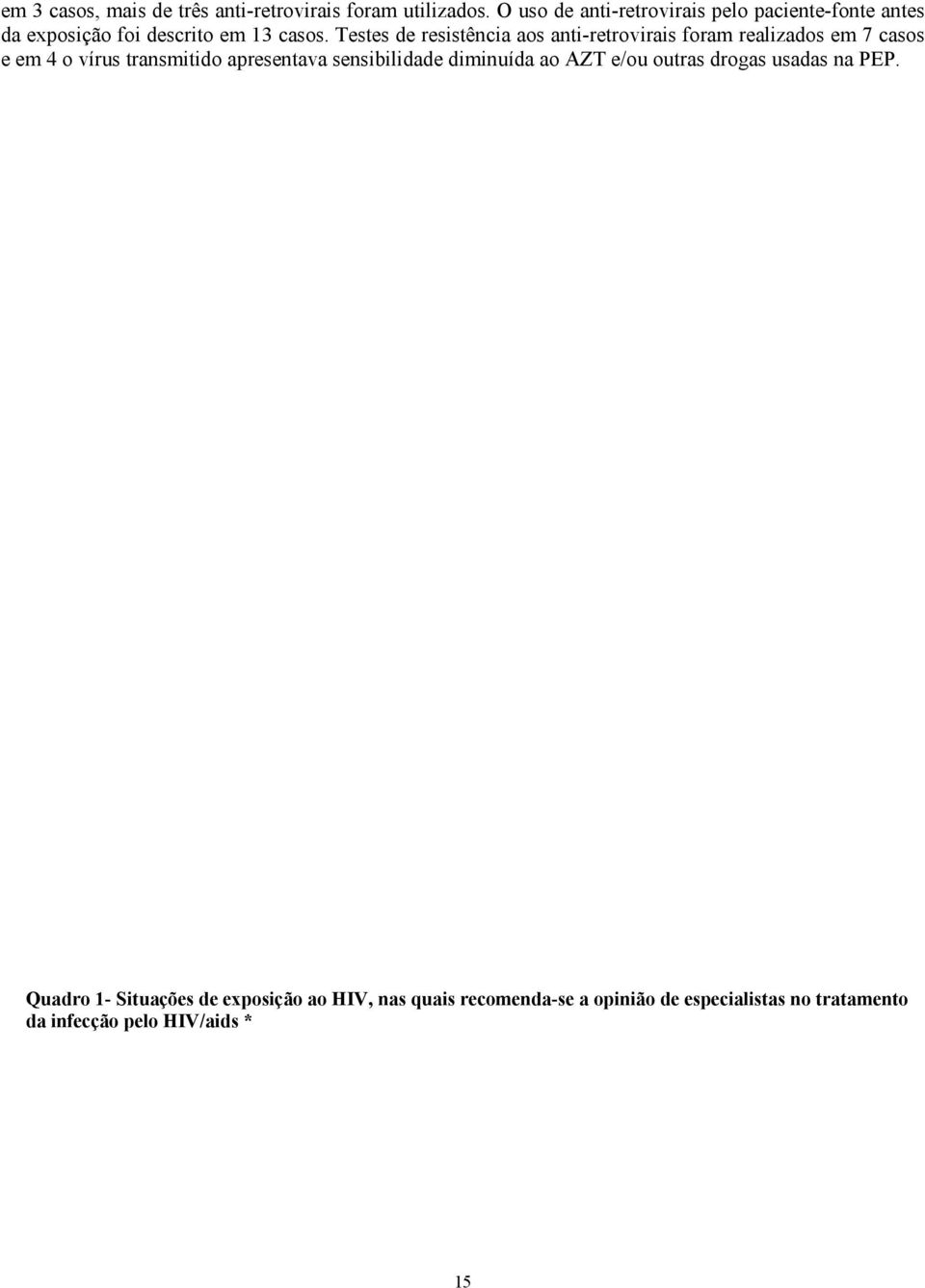 Testes de resistência aos anti-retrovirais foram realizados em 7 casos e em 4 o vírus transmitido apresentava