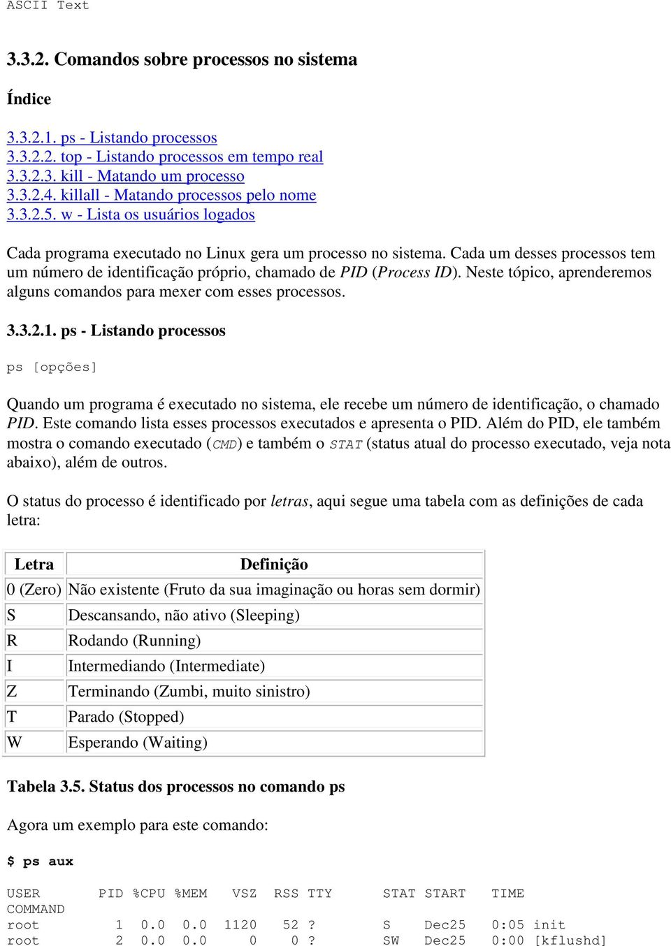 Cada um desses processos tem um número de identificação próprio, chamado de PID (Process ID). Neste tópico, aprenderemos alguns comandos para mexer com esses processos. 3.3.2.1.