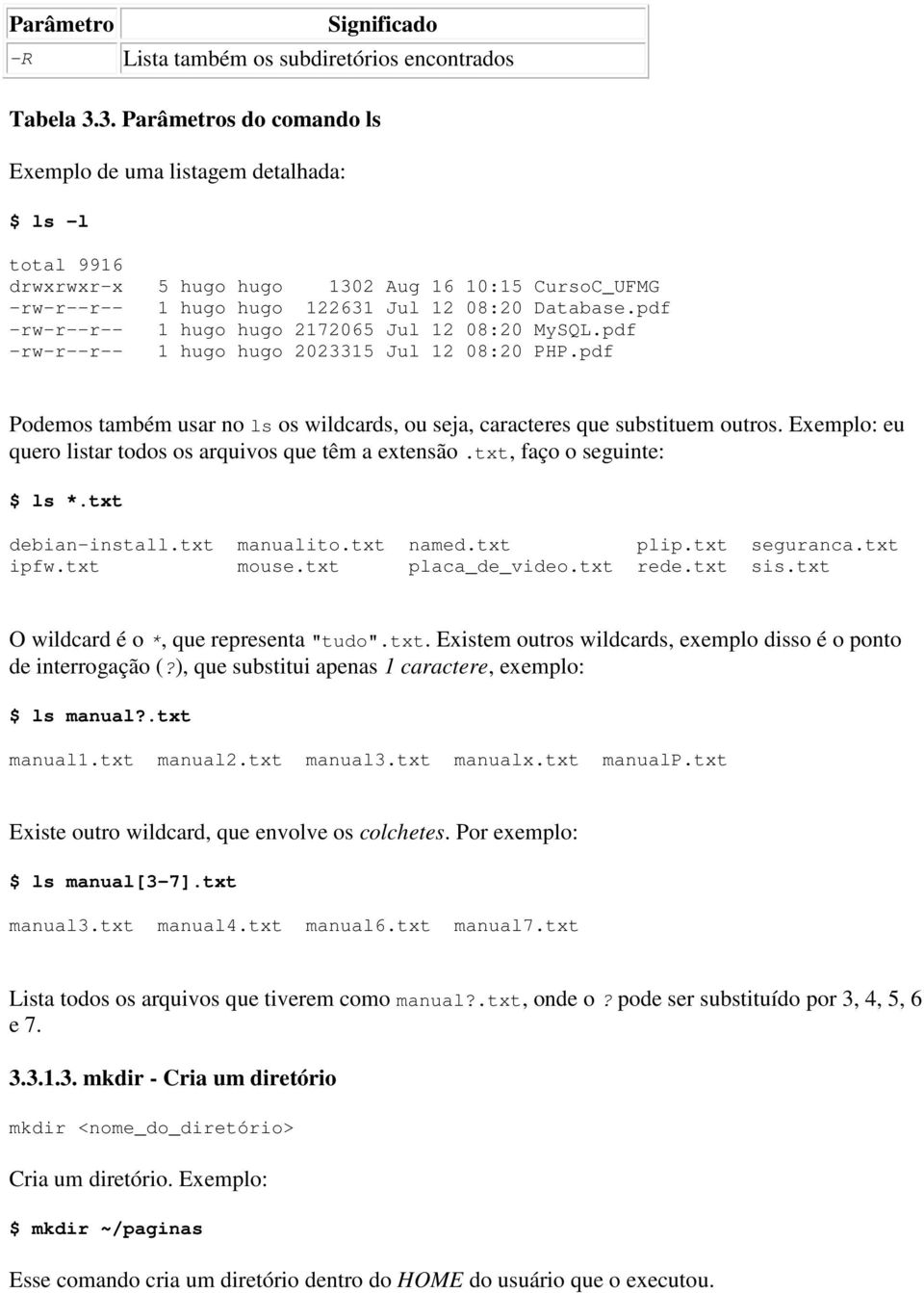 pdf -rw-r--r-- 1 hugo hugo 2172065 Jul 12 08:20 MySQL.pdf -rw-r--r-- 1 hugo hugo 2023315 Jul 12 08:20 PHP.pdf Podemos também usar no ls os wildcards, ou seja, caracteres que substituem outros.