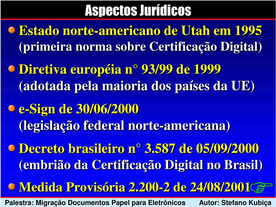 da UE) e-sign de 30/06/2000 (legislação federal norte-americana) Decreto brasileiro n 3.