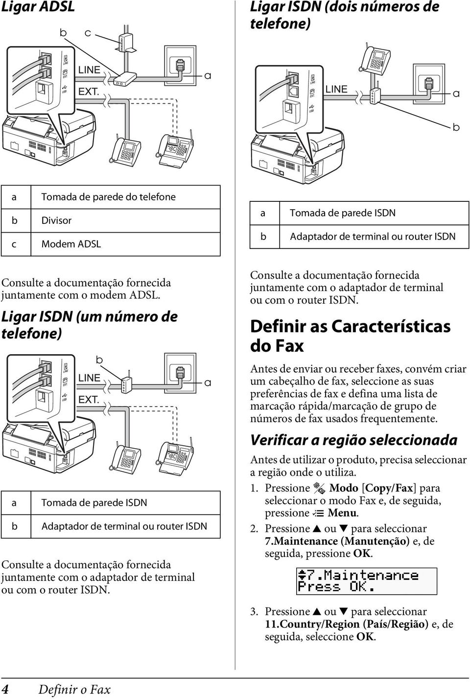 Ligar ISDN (um número de telefone) a b b Tomada de parede ISDN Adaptador de terminal ou router ISDN Consulte a documentação fornecida juntamente com o adaptador de terminal ou com o router ISDN.