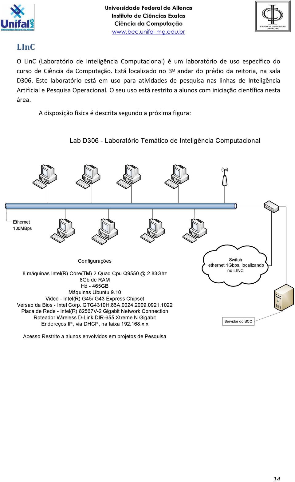 A disposição física é descrita segundo a próxima figura: Lab D306 - Laboratório Temático de Inteligência Computacional Ethernet 100MBps Configurações 8 máquinas Intel(R) Core(TM) 2 Quad Cpu Q9550 @ 2.
