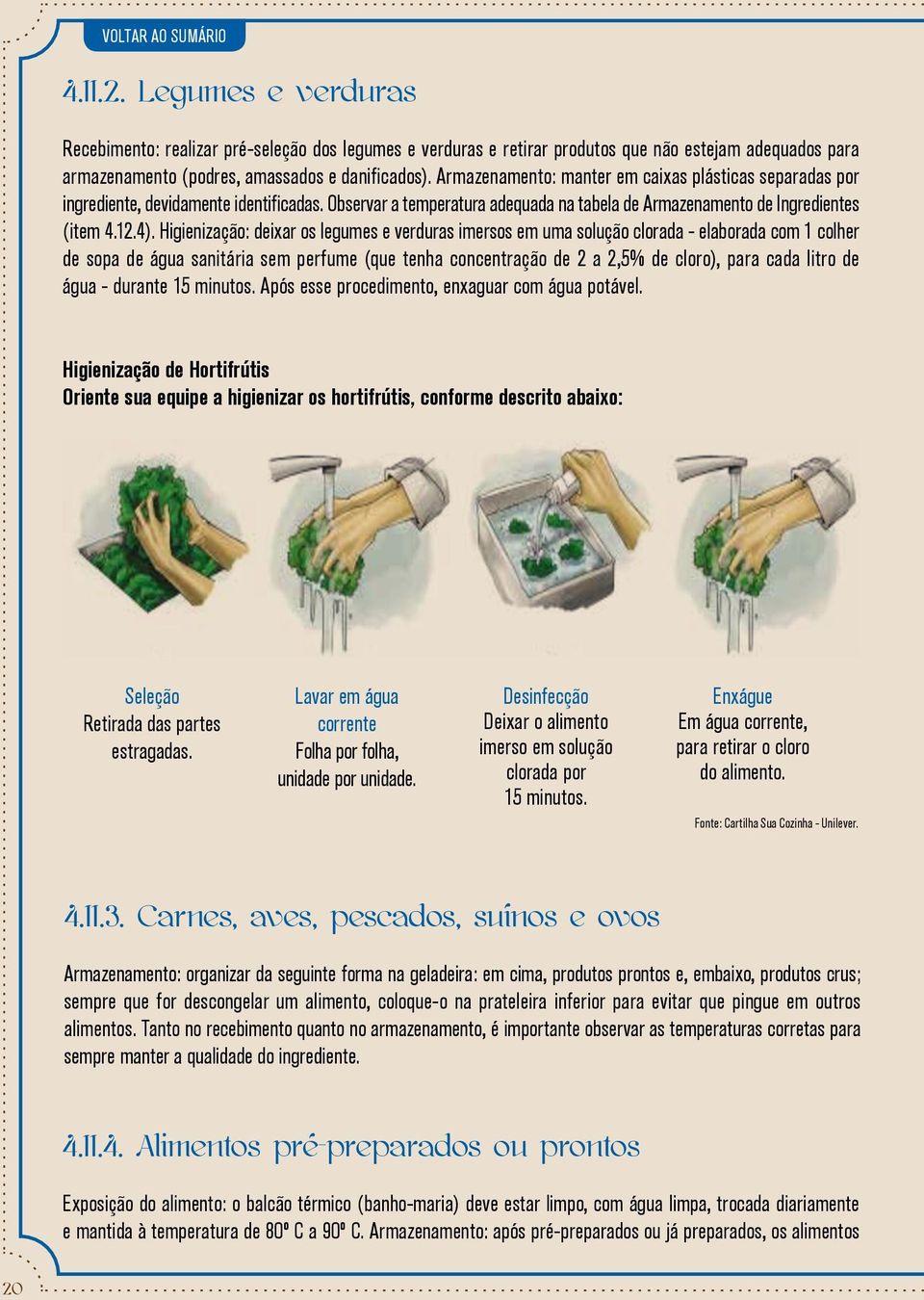 Higienização: deixar os legumes e verduras imersos em uma solução clorada - elaborada com 1 colher de sopa de água sanitária sem perfume (que tenha concentração de 2 a 2,5% de cloro), para cada litro