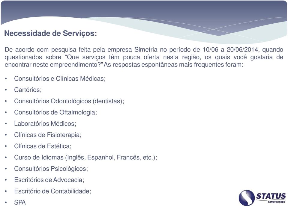 As respostas espontâneas mais frequentes foram: Consultórios e Clínicas Médicas; Cartórios; Consultórios Odontológicos (dentistas); Consultórios de