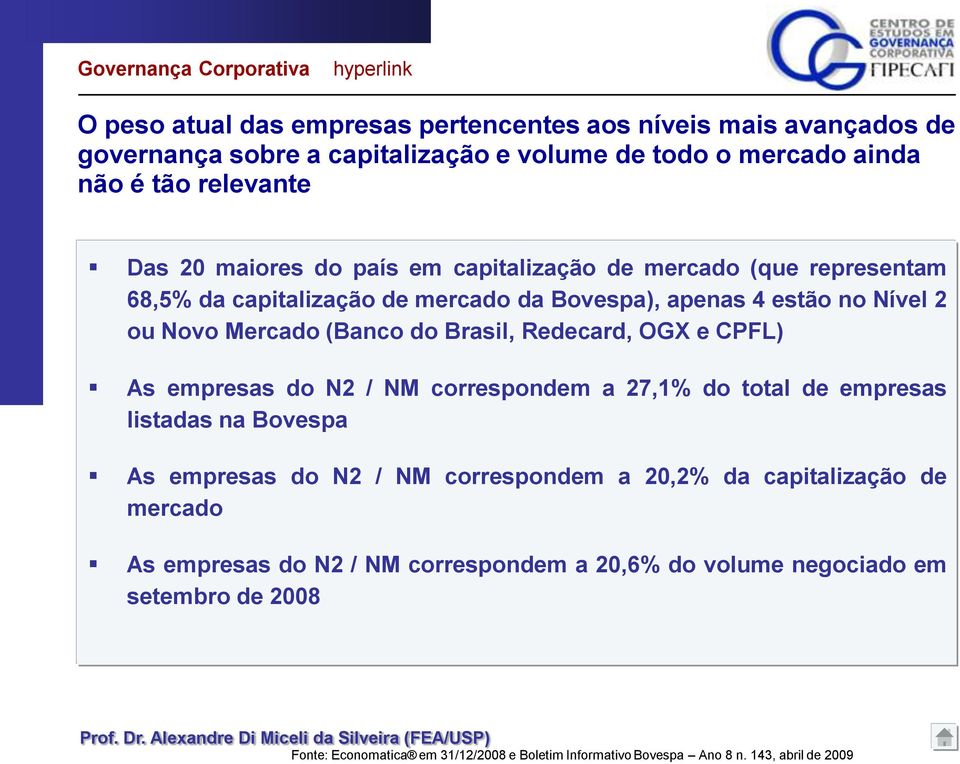 Redecard, OGX e CPFL) As empresas do N2 / NM correspondem a 27,1% do total de empresas listadas na Bovespa As empresas do N2 / NM correspondem a 20,2% da capitalização de