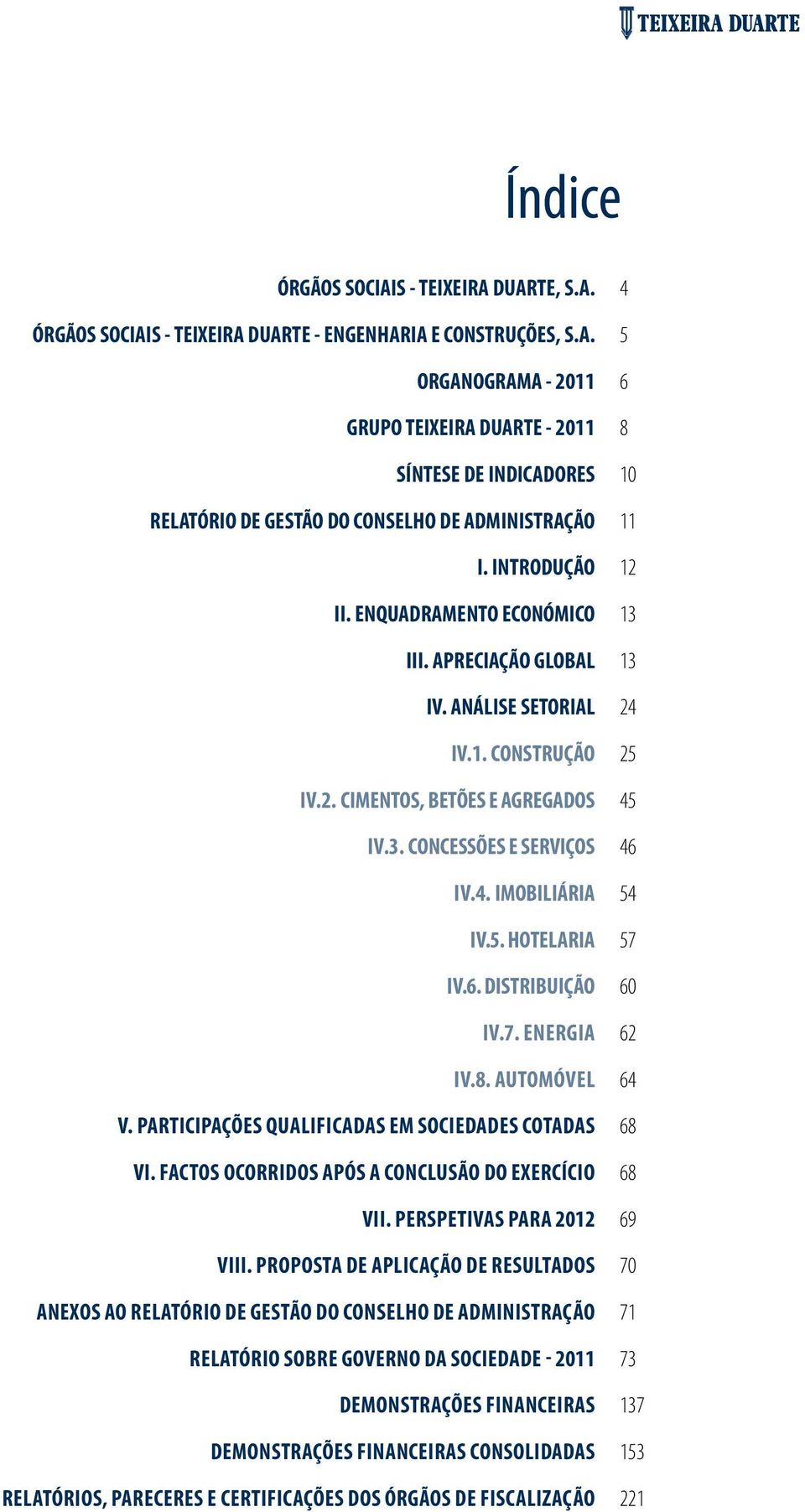 6. DISTRIBUIÇÃO IV.7. ENERGIA IV.8. AUTOMÓVEL V. PARTICIPAÇÕES QUALIFICADAS EM SOCIEDADES COTADAS VI. FACTOS OCORRIDOS APÓS A CONCLUSÃO DO EXERCÍCIO VII. PERSPETIVAS PARA 2012 VIII.