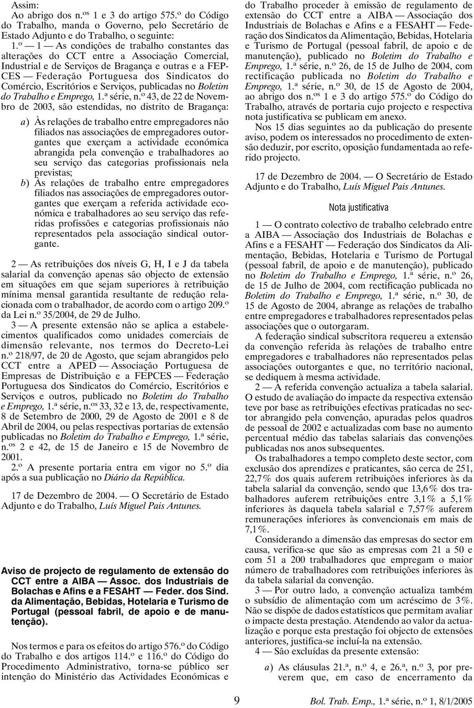 Escritórios e Serviços, publicadas no Boletim do Trabalho e Emprego, 1. a série, n.