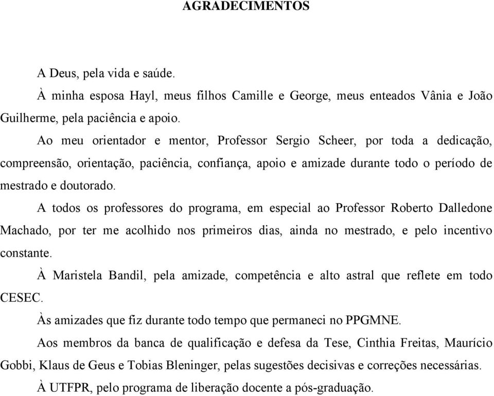 A todos os professores do programa, em especial ao Professor Roberto Dalledone Machado, por ter me acolhido nos primeiros dias, ainda no mestrado, e pelo incentivo constante.