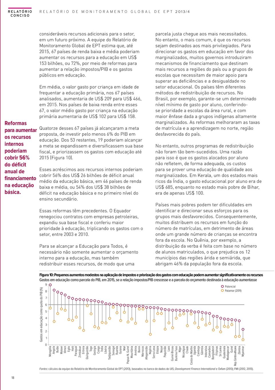 A equipe do Relatório de Monitoramento Global de EPT estima que, até 2015, 67 países de renda baixa e média poderiam aumentar os recursos para a educação em US$ 153 bilhões, ou 72%, por meio de