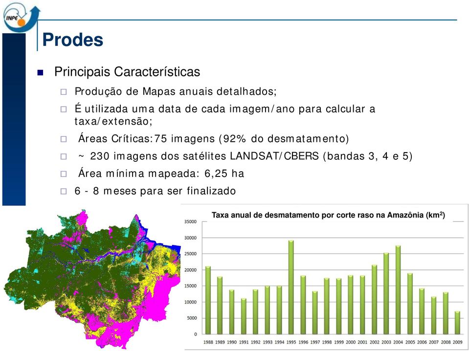 imagens dos satélites LANDSAT/CBERS (bandas 3, 4 e 5) Área mínima mapeada: 6,25 ha 6-8 meses para ser