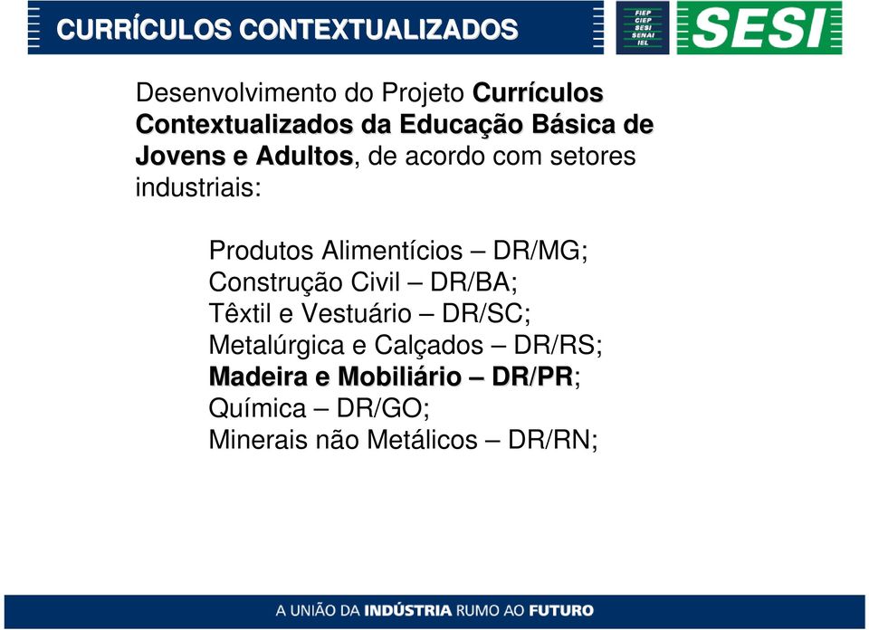 industriais: Produtos Alimentícios DR/MG; Construção Civil DR/BA; Têxtil e Vestuário