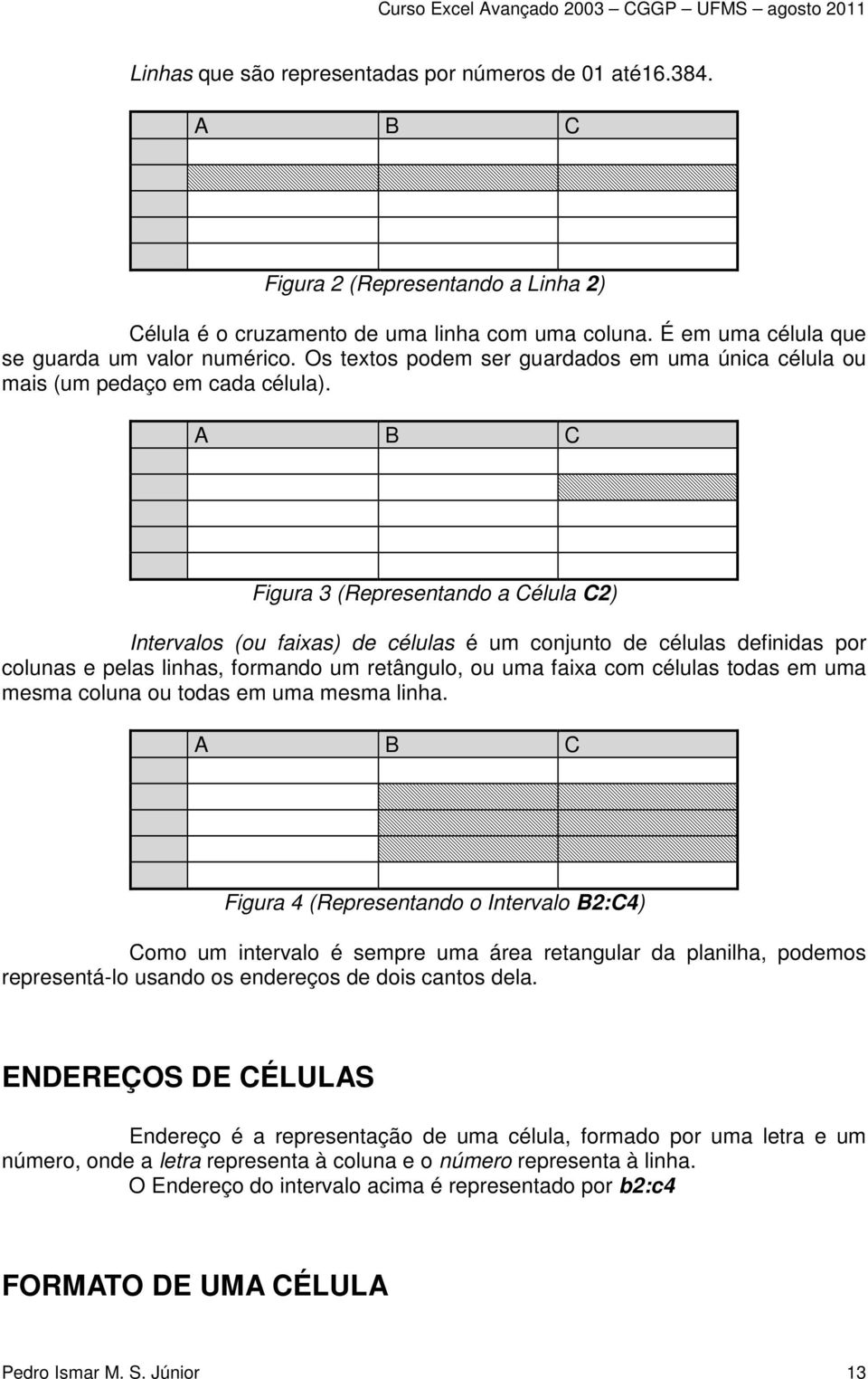 A B C Figura 3 (Representando a Célula C2) Intervalos (ou faixas) de células é um conjunto de células definidas por colunas e pelas linhas, formando um retângulo, ou uma faixa com células todas em