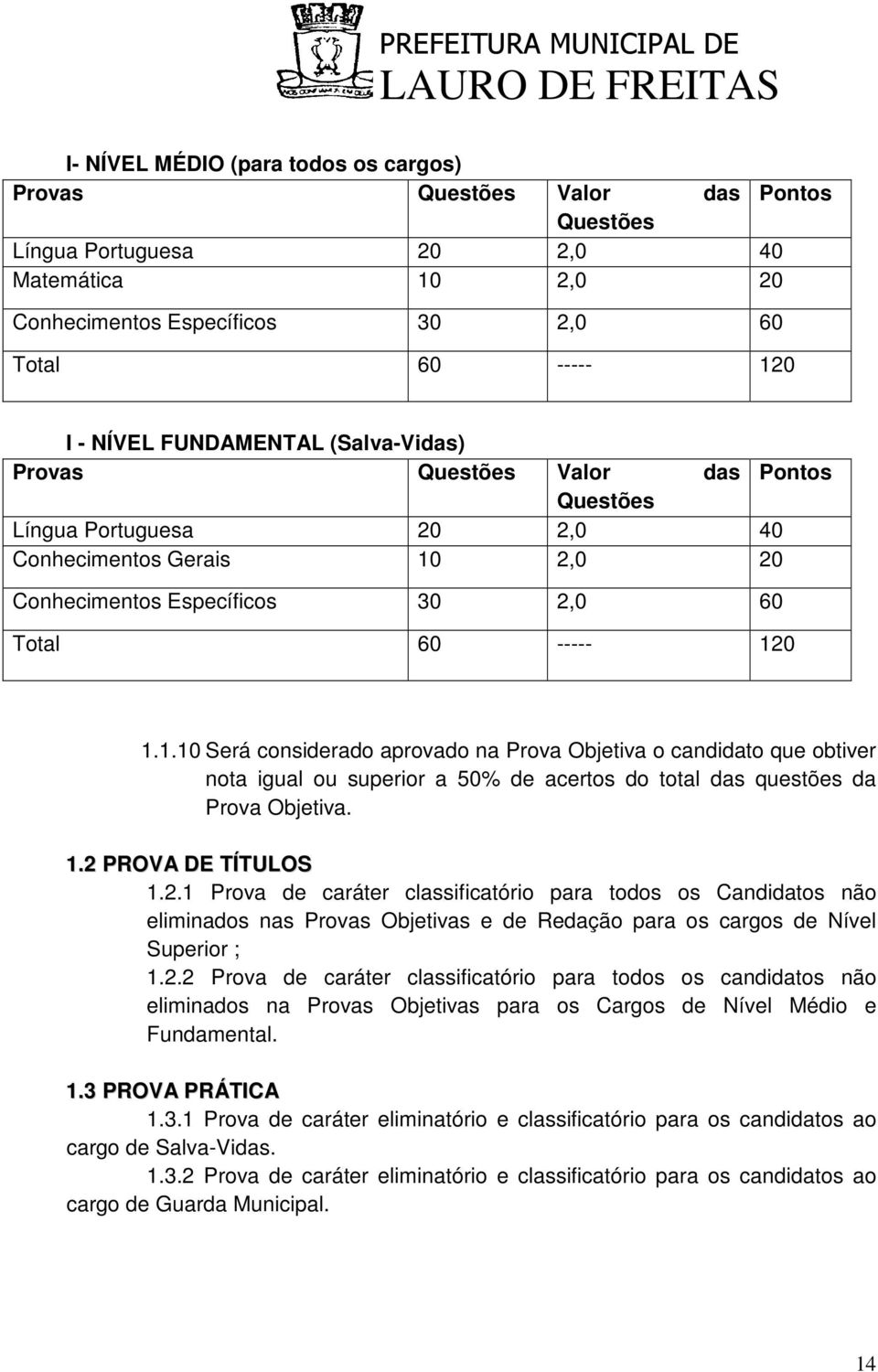 2,0 20 30 2,0 60 Total 60 ----- 120 1.1.10 Será considerado aprovado na Prova Objetiva o candidato que obtiver nota igual ou superior a 50% de acertos do total das questões da Prova Objetiva. 1.2 PROVA DE TÍTULOS 1.