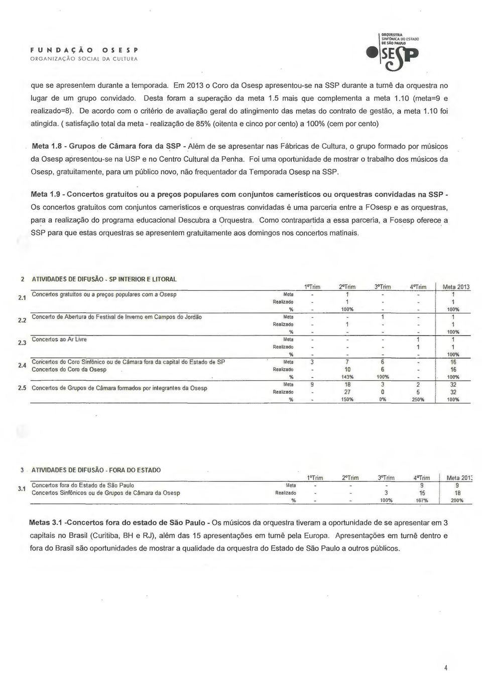 De acordo com o critério de avaliação geral do atingimento das metas do contrato de gestão, a meta 1.1 O foi atingida.