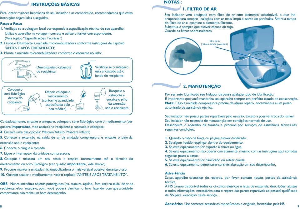 Limpe e Desinfecte a unidade micronebulizadora conforme instruções do capítulo "ANTES E APÓS TRATAMENTO". 3. Monte a unidade micronebulizadora conforme o esquema ao lado: NOTAS : 1.