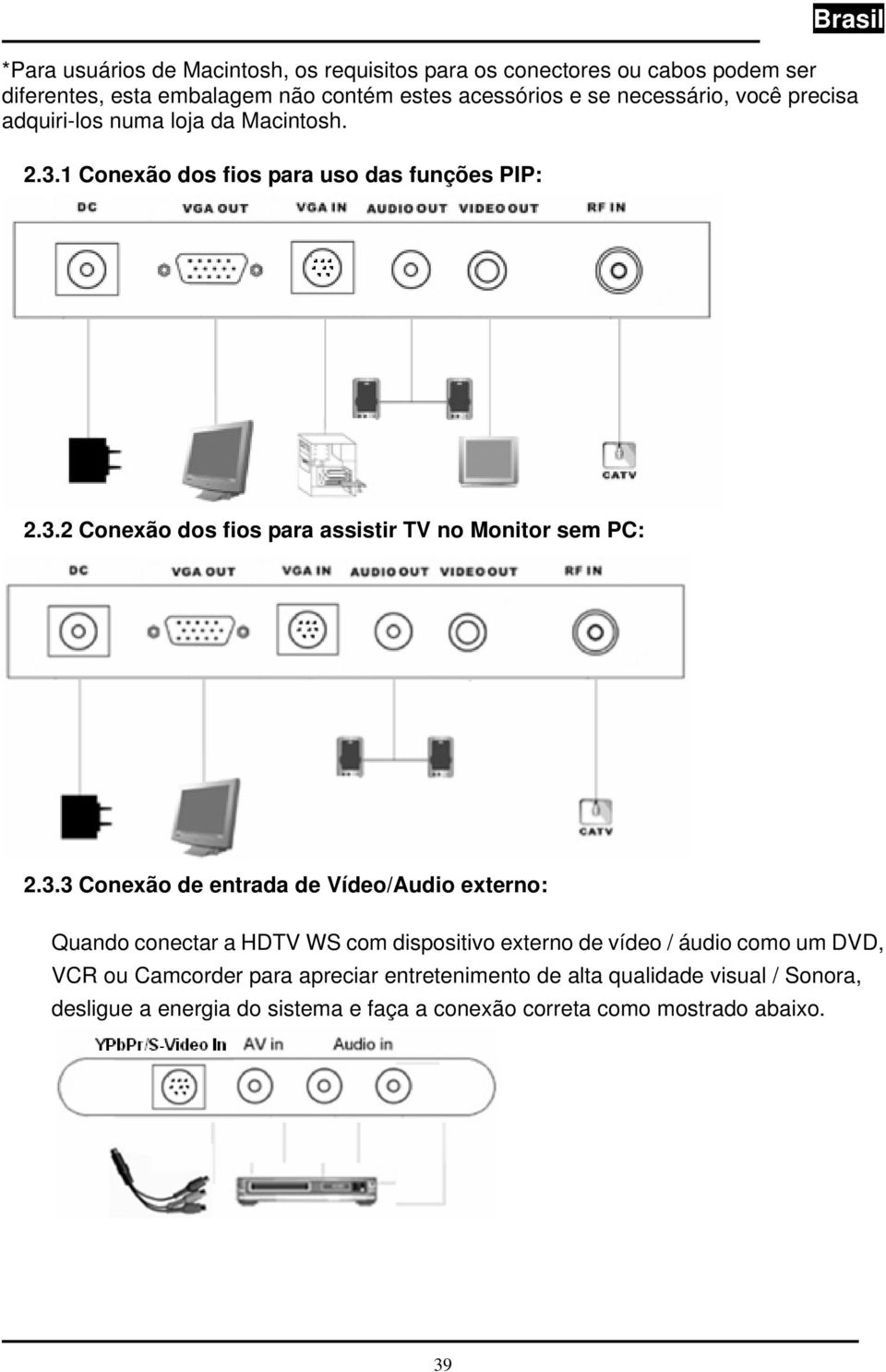 3.3 Conexão de entrada de Vídeo/Audio externo: Quando conectar a HDTV WS com dispositivo externo de vídeo / áudio como um DVD, VCR ou Camcorder para