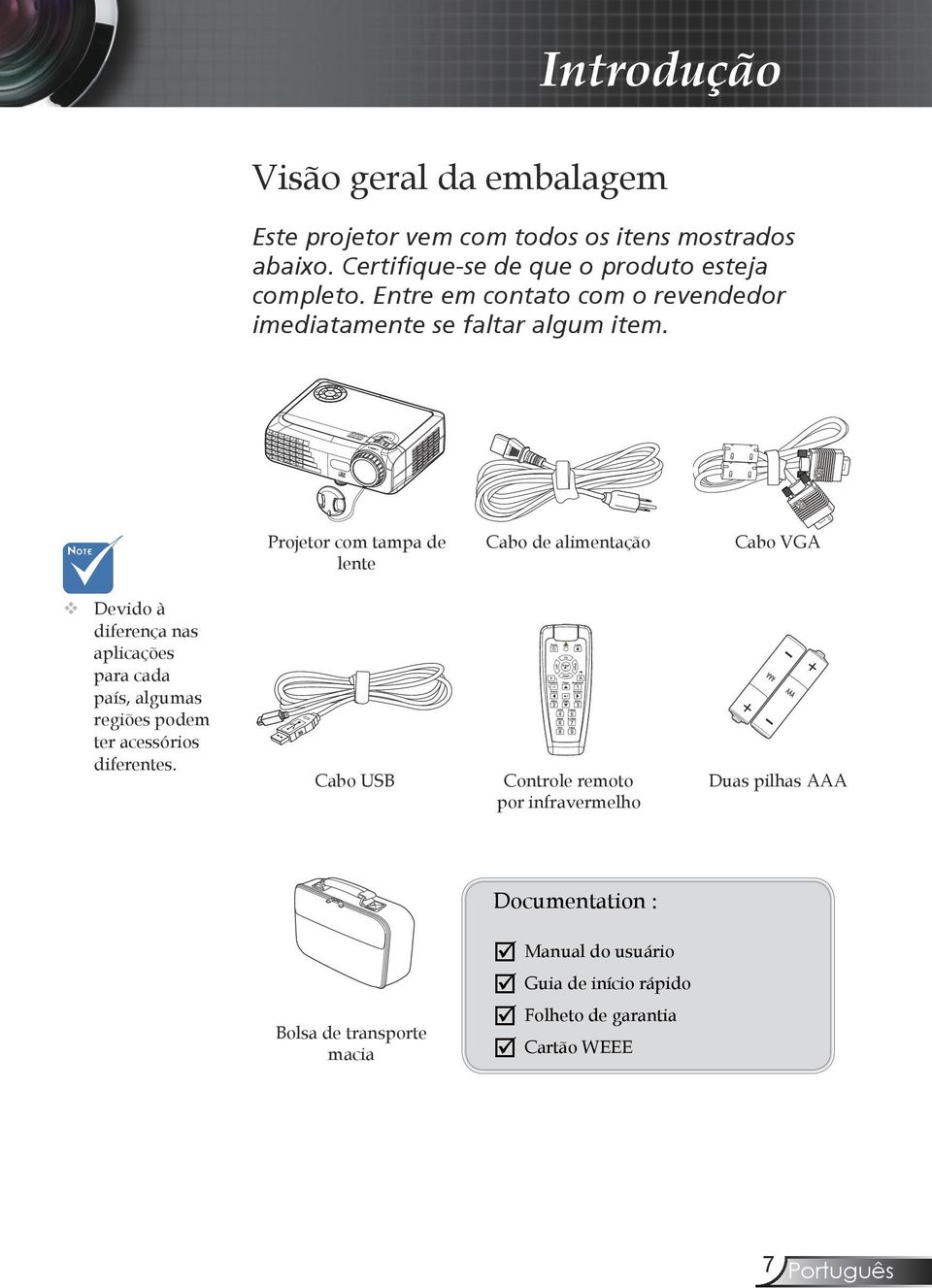 Projetor com tampa de lente Cabo de alimentação Cabo VGA Devido à diferença nas aplicações para cada país, algumas regiões podem ter