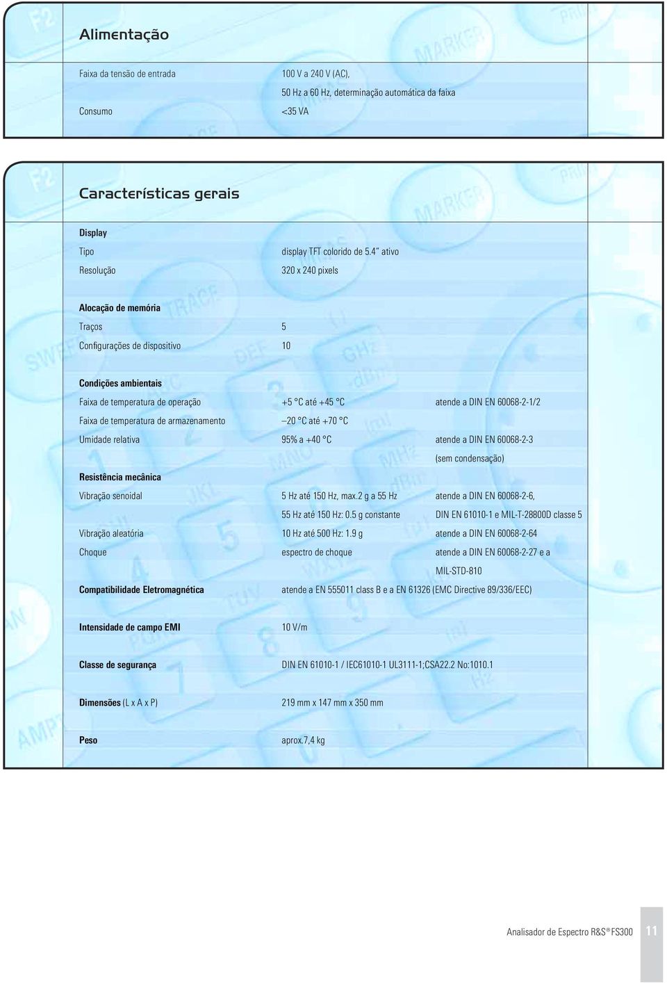 temperatura de armazenamento 20 C até +70 C Umidade relativa 95% a +40 C atende a DIN EN 60068-2-3 (sem condensação) Resistência mecânica Vibração senoidal 5 Hz até 150 Hz, max.