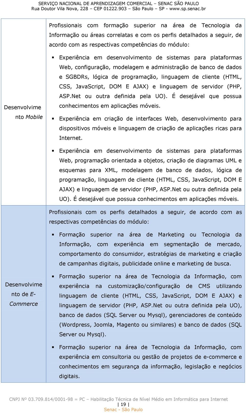 JavaScript, DOM E AJAX) e linguagem de servidor (PHP, ASP.Net ou outra definida pela UO). É desejável que possua conhecimentos em aplicações móveis.