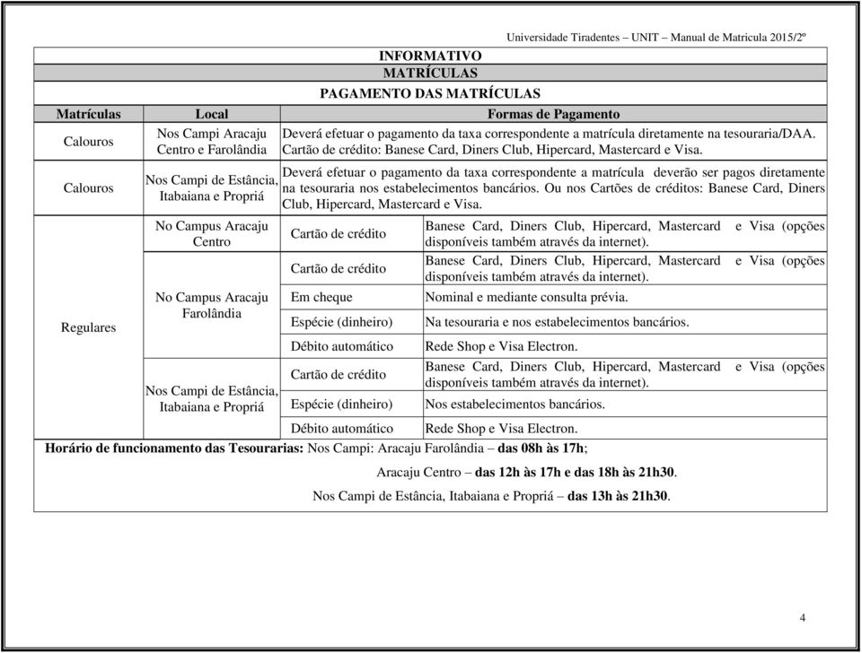 correspondente a matrícula diretamente na tesouraria/daa. Cartão de crédito: Banese Card, Diners Club, Hipercard, Mastercard e Visa.