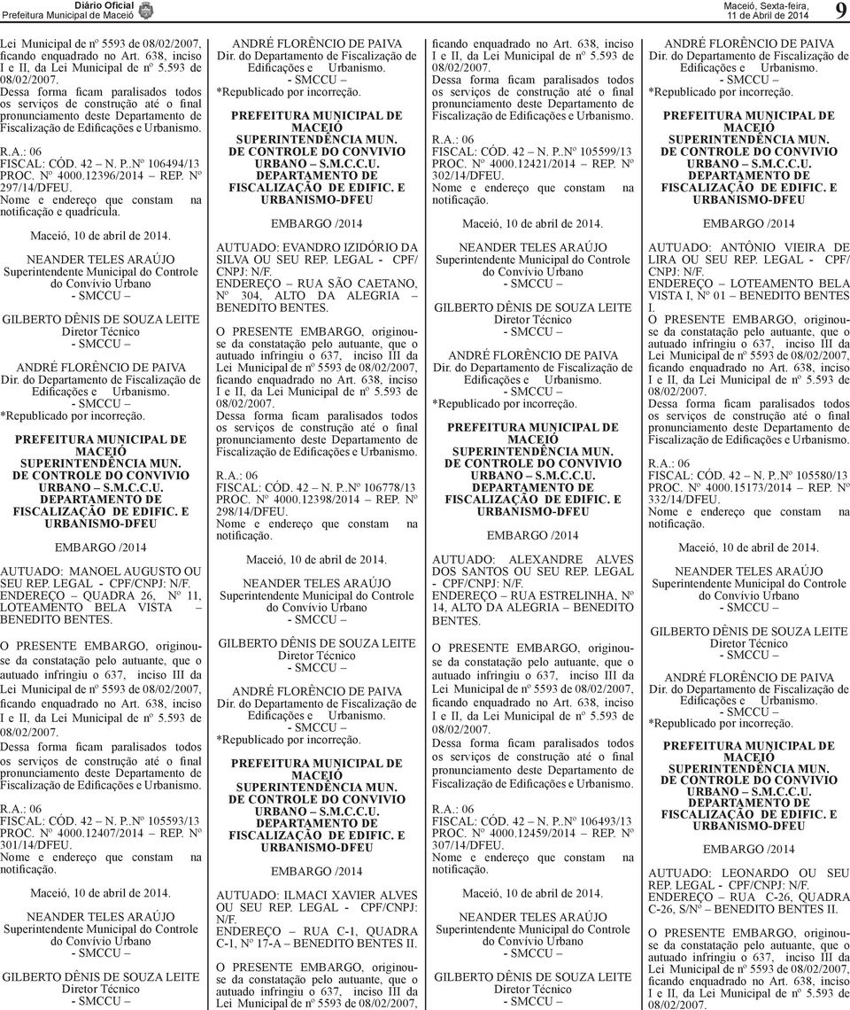 Dessa forma ficam paralisados todos os serviços de construção até o final pronunciamento deste Departamento de Fiscalização de Edificações e Urbanismo. R.A.: 06 FISCAL: CÓD. 42 N. P..Nº 106494/13 PROC.