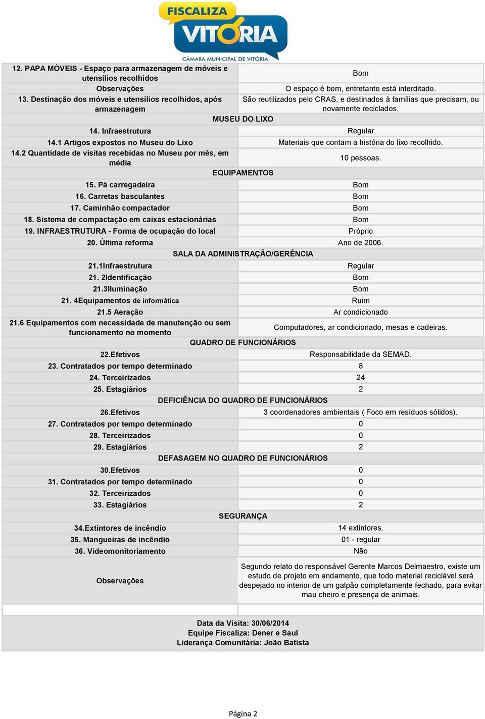 1 Artigos expostos no Museu do Lixo Materiais que contam a história do lixo recolhido. 14.2 Quantidade de visitas recebidas no Museu por mês, em média 10 pessoas. EQUIPAMENTOS 15.