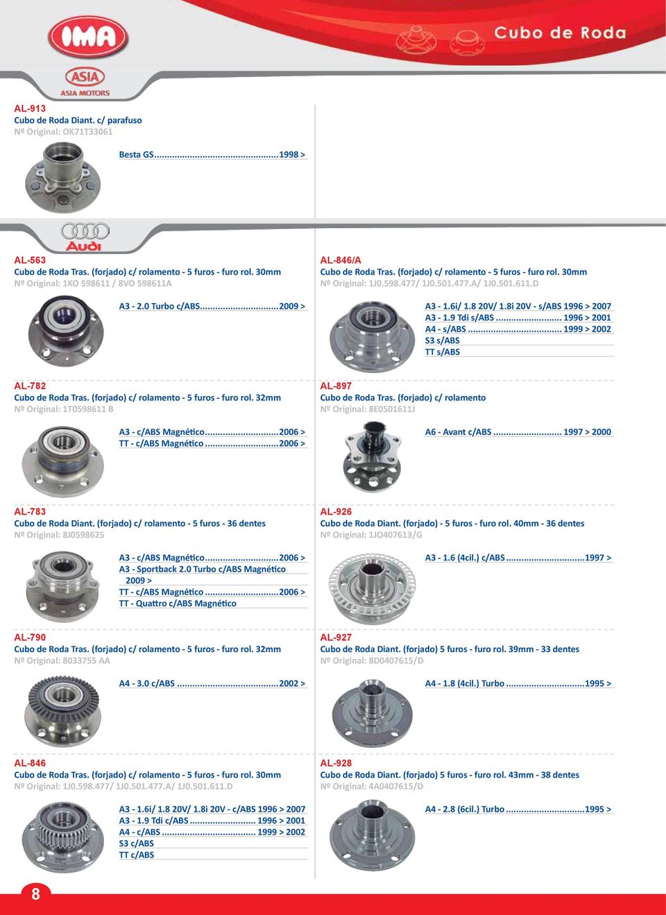 8i 20V - s/abs 1996 > 2007 A3-1.9 Tdi s/abs... 1996 > 2001 A4 - s/abs... 1999 > 2002 S3 s/abs TT s/abs AL-782 Cubo de Roda Tras. (forjado) c/ rolamento - 5 furos - furo rol.