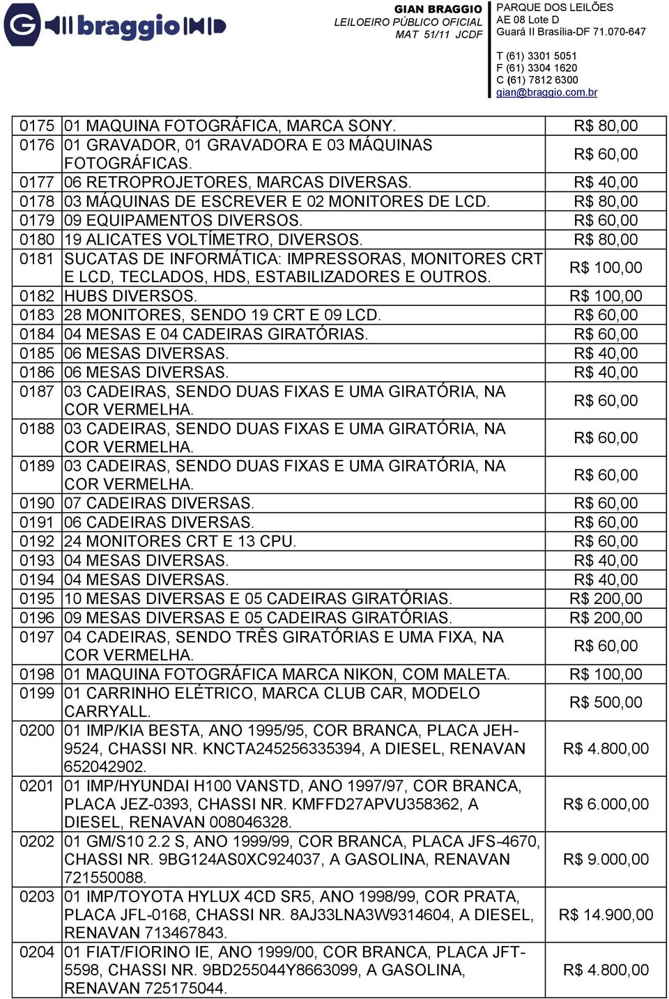 0183 28 MONITORES, SENDO 19 CRT E 09 LCD. 0184 04 MESAS E 04 CADEIRAS GIRATÓRIAS. 0185 06 MESAS DIVERSAS. 0186 06 MESAS DIVERSAS. 0187 03 CADEIRAS, SENDO DUAS FIXAS E UMA GIRATÓRIA, NA COR VERMELHA.