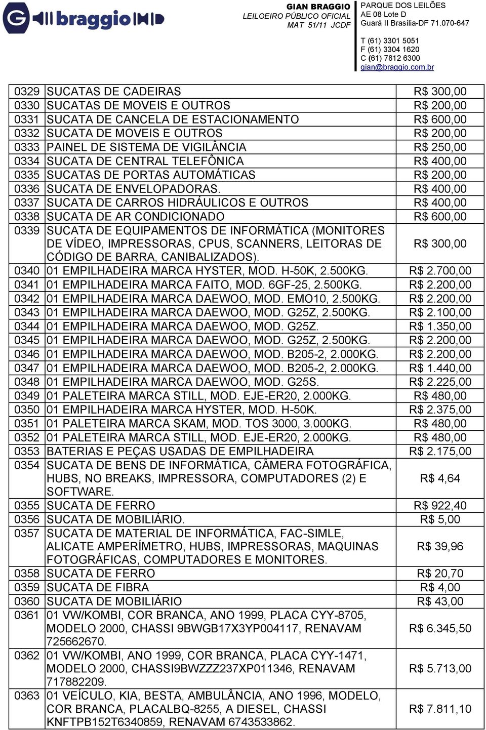 R$ 400,00 0337 SUCATA DE CARROS HIDRÁULICOS E OUTROS R$ 400,00 0338 SUCATA DE AR CONDICIONADO R$ 600,00 0339 SUCATA DE EQUIPAMENTOS DE INFORMÁTICA (MONITORES DE VÍDEO, IMPRESSORAS, CPUS, SCANNERS,