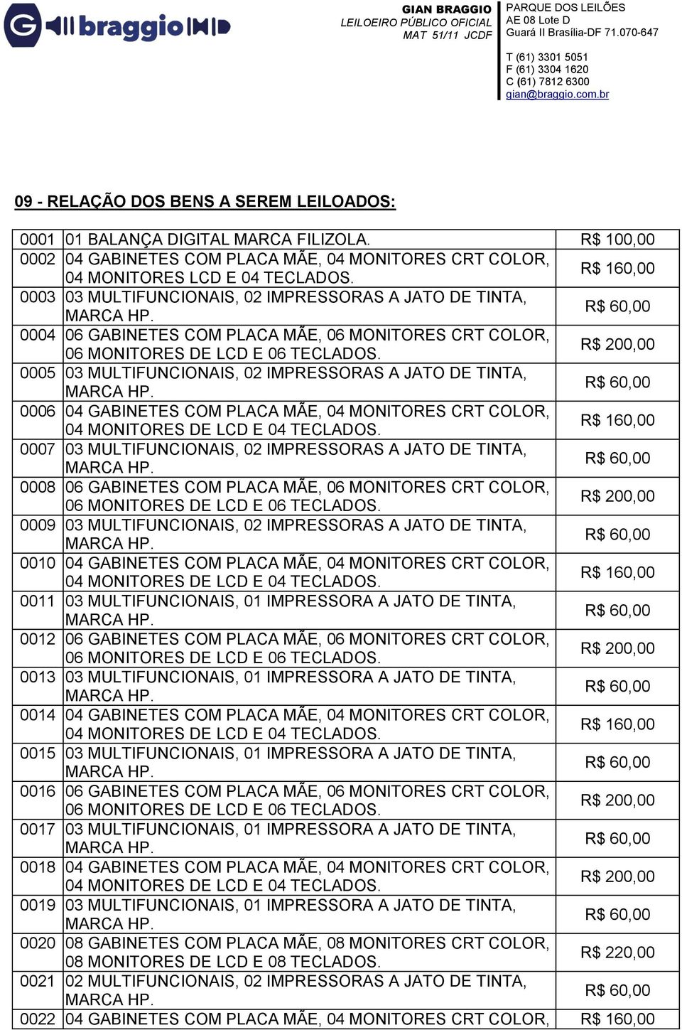 0005 03 MULTIFUNCIONAIS, 02 IMPRESSORAS A JATO DE TINTA, MARCA HP. 0006 04 GABINETES COM PLACA MÃE, 04 MONITORES CRT COLOR, 04 MONITORES DE LCD E 04 TECLADOS.